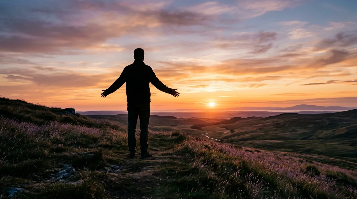 Anonieme persoon van achteren bij zonsondergang - symbolisch voor een actieve, positieve leefstijl